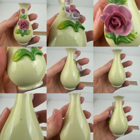 Vtg 40s/50s Maruyama Miniature Small Vases Pink Rose Floral Japan Damaged READ - Picture 7 of 8